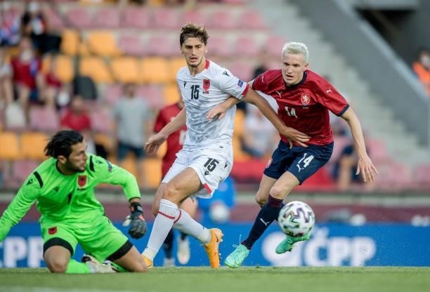 Jakub Jankto of the Czech Republic in action with Marash Kumbulla of Albania during the international friendly match between the Czech Republic and...