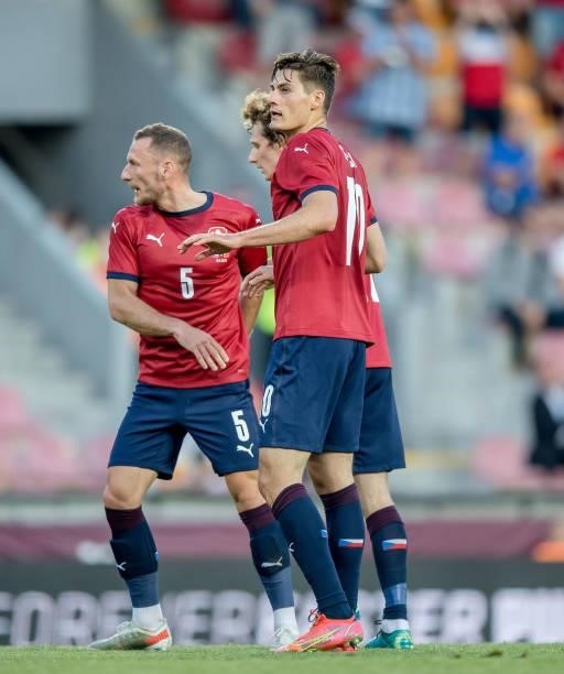 Patrik Schick of the Czech Republic celebrates with Vladimir Coufal and Alex Kral after scoring his team's first goal during the international...