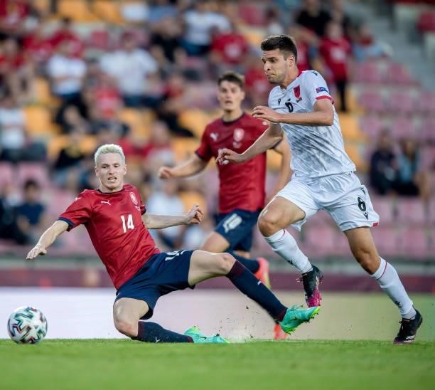 Jakub Jankto of the Czech Republic in action with Berat Djimsiti of Albania during the international friendly match between the Czech Republic and...