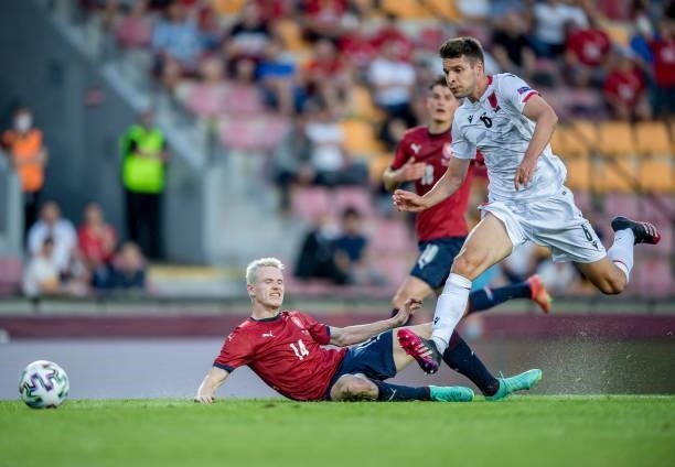 Jakub Jankto of the Czech Republic in action with Berat Djimsiti of Albania during the international friendly match between the Czech Republic and...
