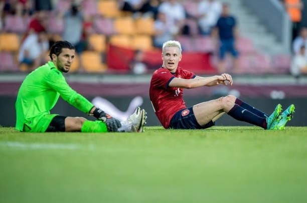 Jakub Jankto of the Czech Republic reacts with goalkeeper Gentian Selmani of Albania during the international friendly match between the Czech...