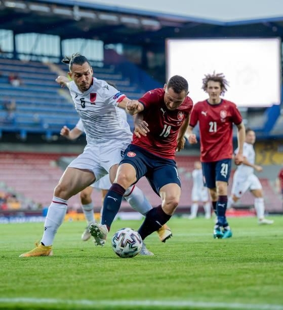 Jan Boril of the Czech Republic in action with Frederic Veseli of Albania during the international friendly match between the Czech Republic and...