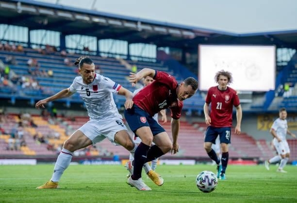 Jan Boril of the Czech Republic in action with Frederic Veseli of Albania during the international friendly match between the Czech Republic and...