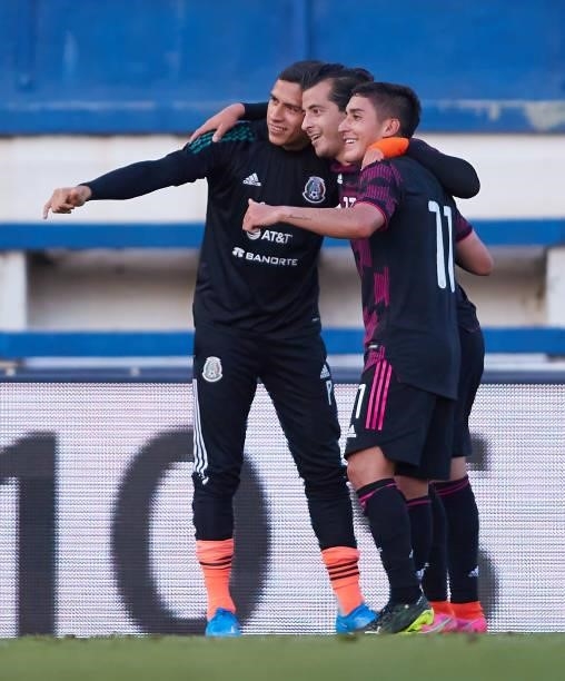 Roberto Carlos Alvarado Hernandez of Mexico celebrates scoring a goal with team mates a International Friendly Match between Mexico and Saudi Arabia...