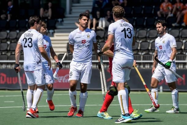 Alexander Hendrickx of Belgium celebrates after scoring his teams eigth goal from a penalty corner during the Euro Hockey Championships match between...