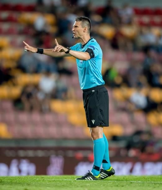 Referee Peter Kralovic gestures during the international friendly match between the Czech Republic and Albania at Generali Arena on June 08, 2021 in...