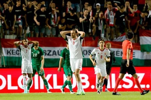 Adam Szalai of Hungary reacts during the international friendly match between Hungary and Republic of Ireland at Szusza Ferenc Stadion on June 08,...