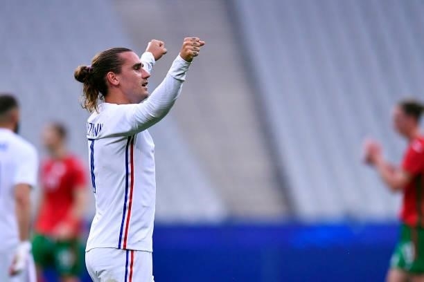 Antoine Griezmann of France reacts after scoring during the international friendly match between France and Bulgaria at Stade de France on June 08,...