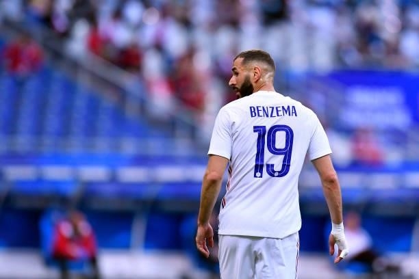 Karim Benzama of France looks on during the international friendly match between France and Bulgaria at Stade de France on June 08, 2021 in Paris,...