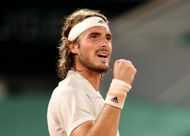 Stefanos Tsitsipas of Greece celebrates in their mens singles quarter final match against Daniil Medvedev of Russia during day ten of the 2021 French...