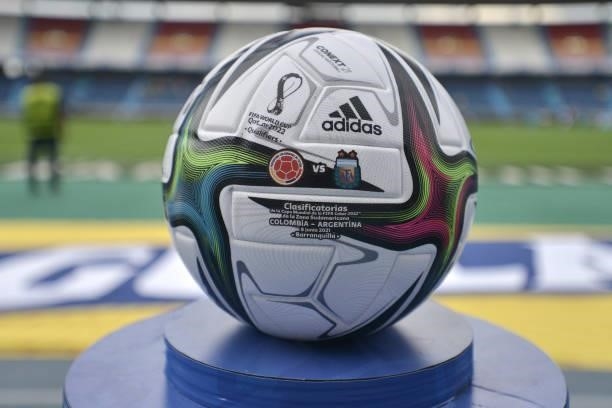 Detail of match ball on a plinth before a match between Colombia and Argentina as part of South American Qualifiers for Qatar 2022 at Estadio...
