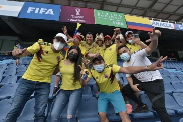 Fans of Colombia pose for a picture before a match between Colombia and Argentina as part of South American Qualifiers for Qatar 2022 at Estadio...