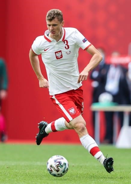 Pawel Dawidowicz of Poland runs with the ball during the international friendly match between Poland and Iceland at Stadion Poznan on June 08, 2021...