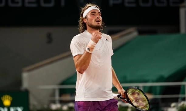 Stefanos Tsitsipas of Greece celebrates during his match against Daniil Medvedev of Russia in the quarterfinals of the men's singles at Roland Garros...