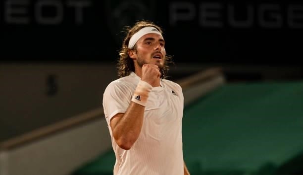 Stefanos Tsitsipas of Greece celebrates during his match against Daniil Medvedev of Russia in the quarterfinals of the men's singles at Roland Garros...