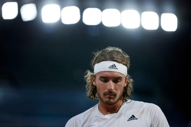 Stefanos Tsitsipas of Greece in his Quarter Final match against Daniil Medvedev of Russia during day ten of the 2021 French Open at Roland Garros on...
