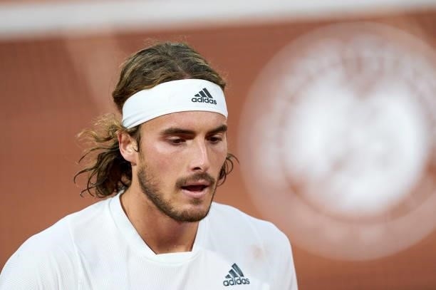 Stefanos Tsitsipas of Greece gestures in his Quarter Final match against Daniil Medvedev of Russia during day ten of the 2021 French Open at Roland...