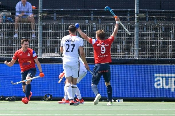 Benjamin Marque of France celebrates after scoring his sides fifth goal during the Euro Hockey Championships match between France and Germany at...