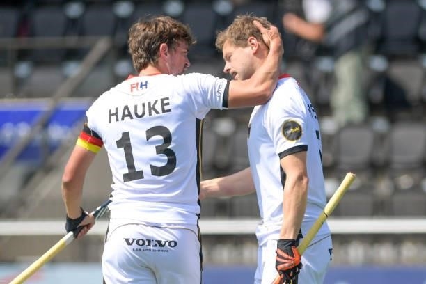 Martin Haner of Germany celebrates after scoring his sides second goal with Tobias Hauke of Germany during the Euro Hockey Championships match...