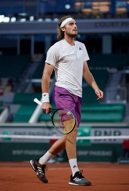 Stefanos Tsitsipas of Greece reacts in his Quarter Final match against Daniil Medvedev of Russia during day ten of the 2021 French Open at Roland...