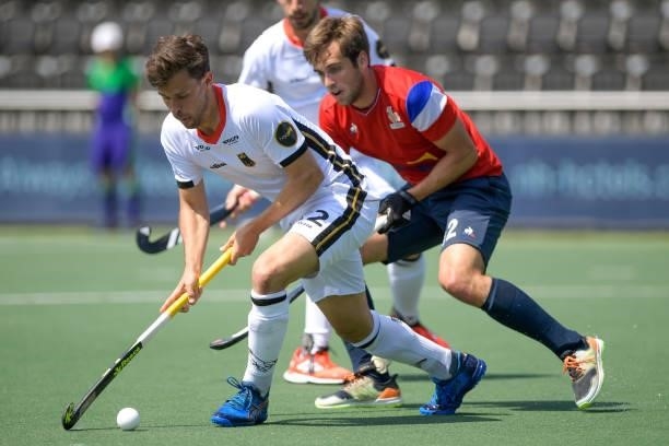 Timm Herzbruch of Germany and Amaury Bellenger of France during the Euro Hockey Championships match between France and Germany at Wagener Stadion on...