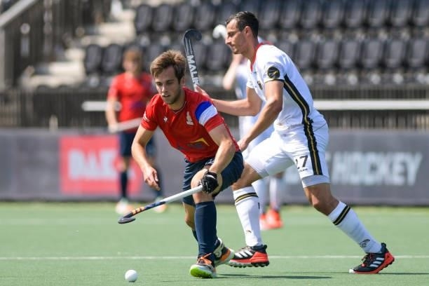 Amaury Bellenger of France and Timur Oruz of Germany during the Euro Hockey Championships match between France and Germany at Wagener Stadion on June...