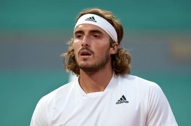 Stefanos Tsitsipas of Greece looks on in his Quarter Final match against Daniil Medvedev of Russia during day ten of the 2021 French Open at Roland...