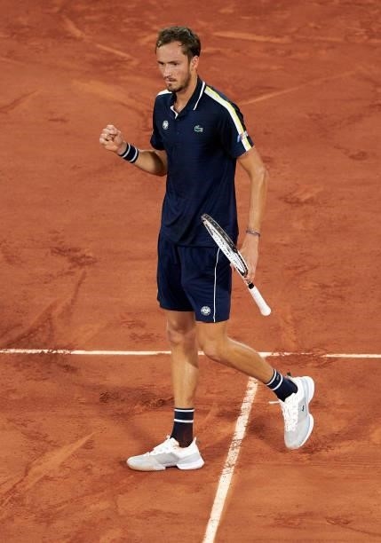 Daniil Medvedev of Russia celebrates a point in his Quarter Final match against Stefanos Tsitsipas of Greece during day ten of the 2021 French Open...