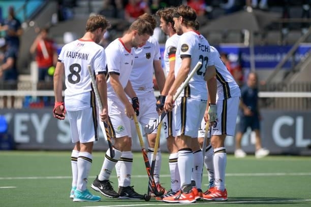 Martin Haner of Germany celebrates after scoring his sides second goal during the Euro Hockey Championships match between France and Germany at...