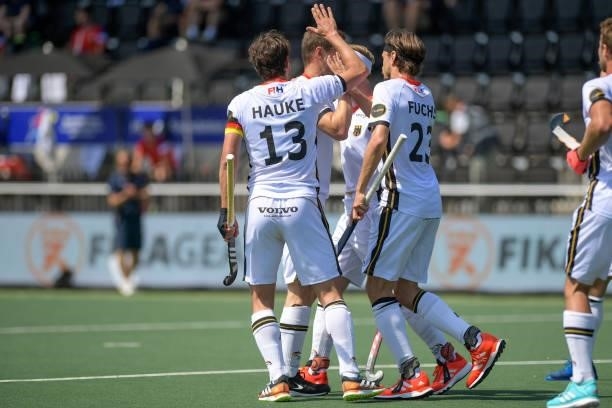 Martin Haner of Germany celebrates after scoring his sides first goal with Tobias Hauke of Germany and Florian Fuchs of Germany during the Euro...