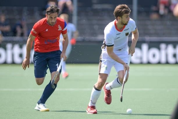 Charles Masson of France and Constantin Staib of Germany during the Euro Hockey Championships match between France and Germany at Wagener Stadion on...