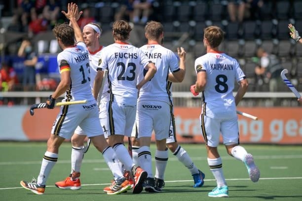 Martin Haner of Germany celebrates after scoring his sides first goal with Tobias Hauke of Germany, Paul-Philipp Kaufmann of Germany and Florian...
