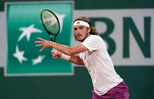 Stefanos Tsitsipas of Greece in his Quarter Final match against Daniil Medvedev of Russia during day ten of the 2021 French Open at Roland Garros on...
