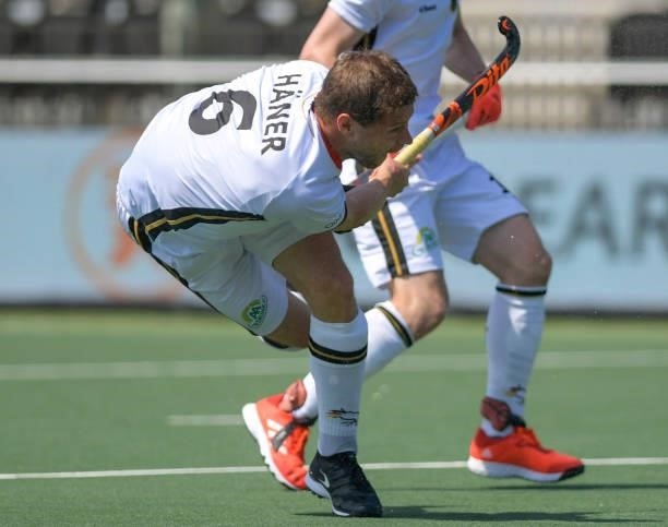 Martin Haner of Germany celebrates after scoring his sides first goal during the Euro Hockey Championships match between France and Germany at...
