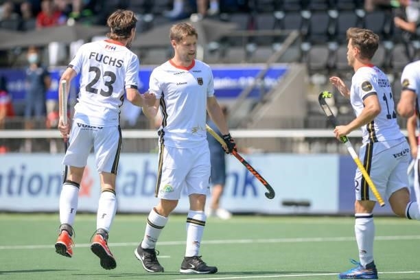 Martin Haner of Germany celebrates after scoring his sides second goal with Florian Fuchs of Germany during the Euro Hockey Championships match...