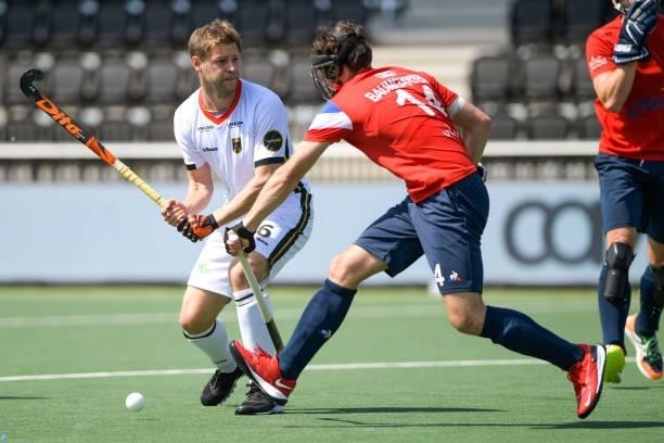 Martin Haner of Germany and Gaspard Baumgarten of France during the Euro Hockey Championships match between France and Germany at Wagener Stadion on...