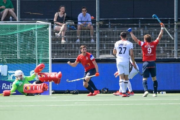 Benjamin Marque of France celebrates after scoring his sides fifth goal during the Euro Hockey Championships match between France and Germany at...