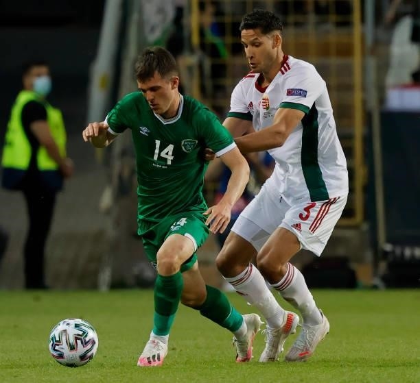 Akos Kecskes of Hungary challenges Jason Knight of Republic of Ireland during the International Friendly match between Hungary and Republic of...
