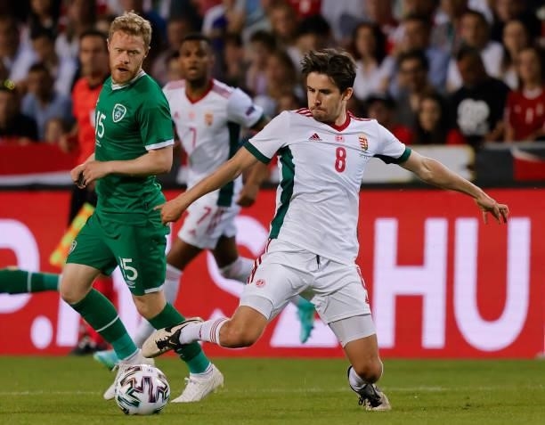 Adam Nagy of Hungary competes for the ball with Daryl Horgan of Republic of Ireland during the International Friendly match between Hungary and...