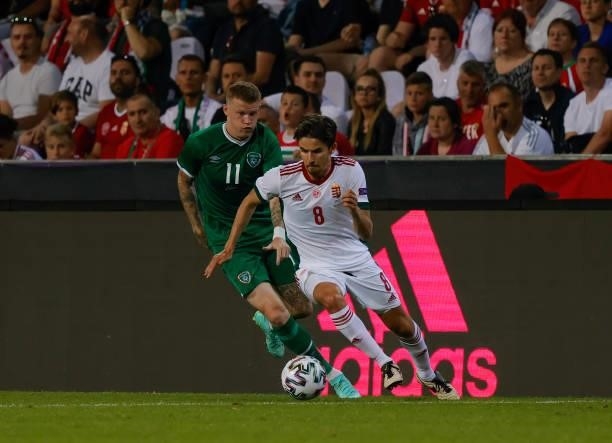 Adam Nagy of Hungary leaves James McClean of Republic of Ireland behind during the International Friendly match between Hungary and Republic of...
