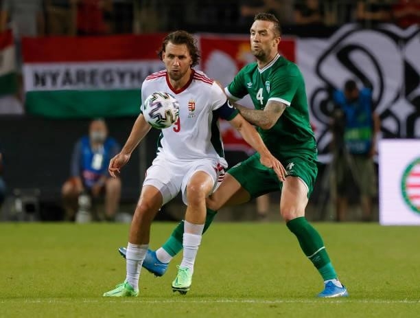 Adam Szalai of Hungary competes for the ball with Shane Duffy of Republic of Ireland during the International Friendly match between Hungary and...