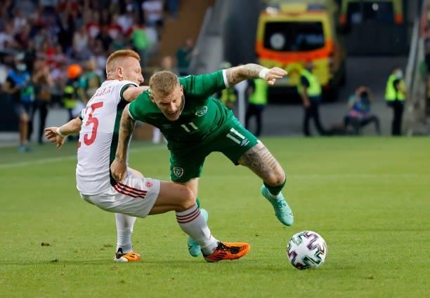 Laszlo Kleinheisler of Hungary fouls James McClean of Republic of Ireland during the International Friendly match between Hungary and Republic of...