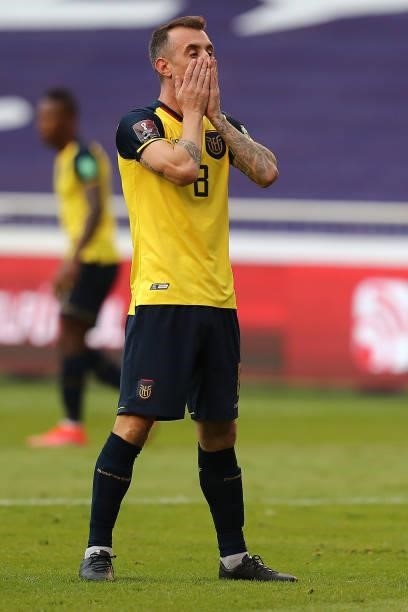 Damian Diaz of Ecuador reacts during a match between Ecuador and Peru as part of South American Qualifiers for Qatar 2022 at Rodrigo Paz Delgado...