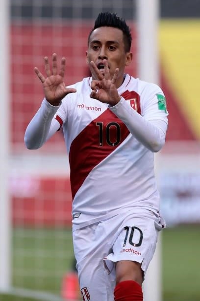 Christian Cueva of Peru celebrates after scoring the first goal of his team during a match between Ecuador and Peru as part of South American...