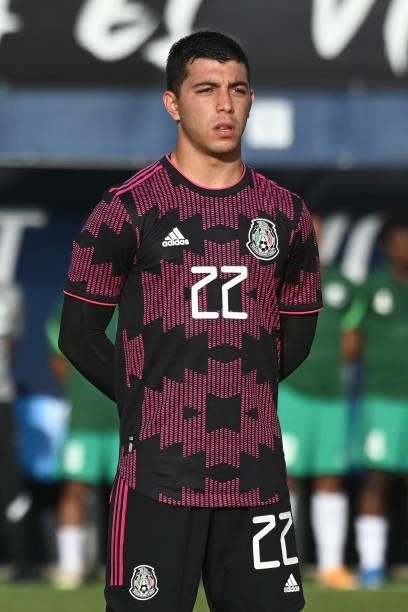 Erik Lira of Mexico lines up prior the international friendly match between Mexico U23 and Saudi Arabia U23 at Estadio Municipal de Marbella on June...