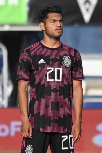 Eduardo Aguirre of Mexico lines up prior the international friendly match between Mexico U23 and Saudi Arabia U23 at Estadio Municipal de Marbella on...