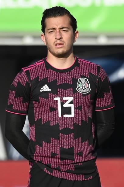 Alan Mozo of Mexico lines up prior the international friendly match between Mexico U23 and Saudi Arabia U23 at Estadio Municipal de Marbella on June...