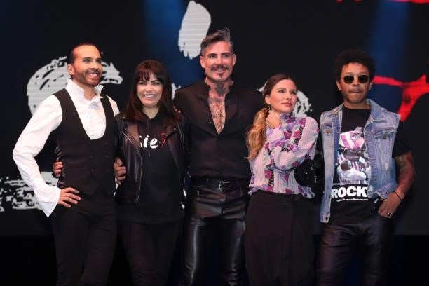 Héctor 'Apio' Quijano, Lisset, Adrián Cué, Issabela Camil and Kalimba poses for photos during a press conference at Pepsi Center WTC on June 8, 2021...