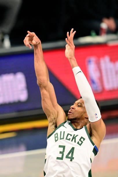 Giannis Antetokounmpo of the Milwaukee Bucks attempts a shot against the Brooklyn Nets in Game Two of the Second Round of the 2021 NBA Playoffs at...
