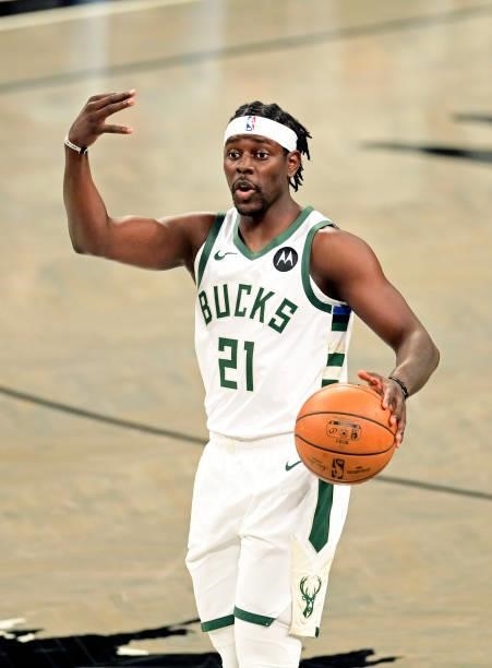Jrue Holiday of the Milwaukee Bucks handles the ball against the Brooklyn Nets in Game Two of the Second Round of the 2021 NBA Playoffs at Barclays...